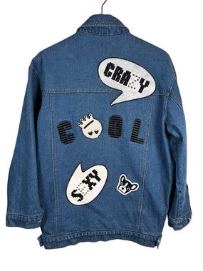 VTG Y2K Crazy Cool Denim Jean Jacket Korean Graphic Patchwork Retro Mall Goth L